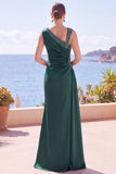 Abito formale sirena verde scuro con perline asimmetriche e scollo arricciato