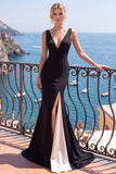 Abito elegante a scollo a V in bianco e nero con fessura