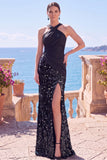Tettra nera con spalline incrociate Paillettes abito lungo da sirena con fessura