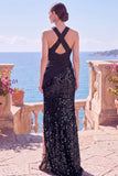 Tettra nera con spalline incrociate Paillettes abito lungo da sirena con fessura