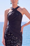 Tettra nera con spalline incrociate Paillettes abito lungo da sirena con fessura