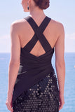 Tettra nera con spalline incrociate Paillettes abito lungo da sirena con fessura