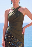 Tettra nera con spalline incrociate Paillettes abito lungo da sirena con fessura