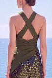 Tettra nera con spalline incrociate Paillettes abito lungo da sirena con fessura