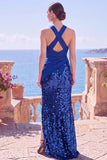 Tettra nera con spalline incrociate Paillettes abito lungo da sirena con fessura