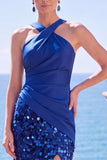 Tettra nera con spalline incrociate Paillettes abito lungo da sirena con fessura