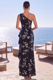 Jacquard floreale a una spalla blu con guaina arricciata Abito formale lungo con fessura