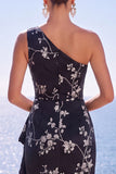 Jacquard floreale a una spalla blu con guaina arricciata Abito formale lungo con fessura