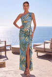 Jacquard floreale a una spalla blu con guaina arricciata Abito formale lungo con fessura