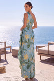 Jacquard floreale a una spalla blu con guaina arricciata Abito formale lungo con fessura