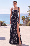 Vestito elegante lungo a sagoma floreale giaquard a scollo quadrato con scollo a fessura