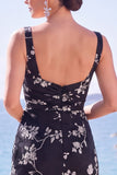 Vestito elegante lungo a sagoma floreale giaquard a scollo quadrato con scollo a fessura