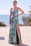 Vestito elegante lungo a sagoma floreale giaquard a scollo quadrato con scollo a fessura