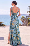 Vestito elegante lungo a sagoma floreale giaquard a scollo quadrato con scollo a fessura