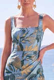 Vestito elegante lungo a sagoma floreale giaquard a scollo quadrato con scollo a fessura