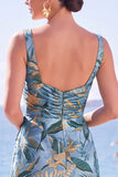Vestito elegante lungo a sagoma floreale giaquard a scollo quadrato con scollo a fessura