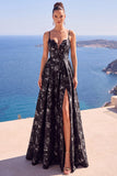 Abito elegante lungo a fiori blu A-Line Floreale Jacquard con fessura