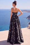 Abito elegante lungo a fiori blu A-Line Floreale Jacquard con fessura