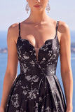 Abito elegante lungo a fiori blu A-Line Floreale Jacquard con fessura