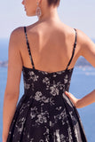 Abito elegante lungo a fiori blu A-Line Floreale Jacquard con fessura