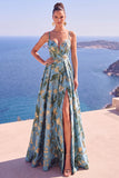 Abito elegante lungo a fiori blu A-Line Floreale Jacquard con fessura