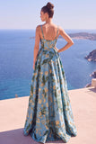 Abito elegante lungo a fiori blu A-Line Floreale Jacquard con fessura