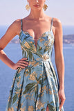 Abito elegante lungo a fiori blu A-Line Floreale Jacquard con fessura