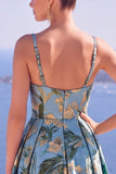 Abito elegante lungo a fiori blu A-Line Floreale Jacquard con fessura