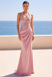 Blush con scollo a capezza paillettes ricamato con perline e arricci abito lungo da sirena