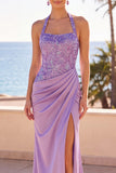 Blush con scollo a capezza paillettes ricamato con perline e arricci abito lungo da sirena