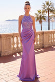 Scollo a capezza paillettes di raso viola ricamo floreale abito lungo da sirena arricciata