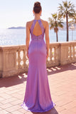 Scollo a capezza paillettes di raso viola ricamo floreale abito lungo da sirena arricciata