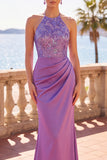 Scollo a capezza paillettes di raso viola ricamo floreale abito lungo da sirena arricciata