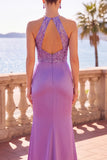 Scollo a capezza paillettes di raso viola ricamo floreale abito lungo da sirena arricciata