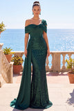 Verde scuro scintillante asimmetrico con paillettes scoperte abito elegante lungo da sirena con fascia