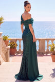 Verde scuro scintillante asimmetrico con paillettes scoperte abito elegante lungo da sirena con fascia