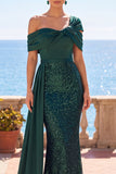 Verde scuro scintillante asimmetrico con paillettes scoperte abito elegante lungo da sirena con fascia