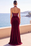 Velluto borgogna con scollo a capezza paillettes sirena arricciata Abito lungo da corte con fessura laterale