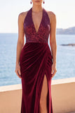 Velluto borgogna con scollo a capezza paillettes sirena arricciata Abito lungo da corte con fessura laterale