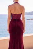 Velluto borgogna con scollo a capezza paillettes sirena arricciata Abito lungo da corte con fessura laterale