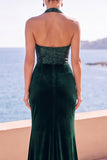 Velluto borgogna con scollo a capezza paillettes sirena arricciata Abito lungo da corte con fessura laterale