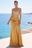 Raso dorato a maniche lunghe paillettes sirena arricciata abito formale lungo con fascia