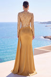 Raso dorato a maniche lunghe paillettes sirena arricciata abito formale lungo con fascia