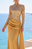 Raso dorato a maniche lunghe paillettes sirena arricciata abito formale lungo con fascia