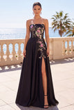 Abito elegante lungo senza spalline con ricamo floreale nero a linea A con fessura laterale