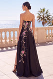 Abito elegante lungo senza spalline con ricamo floreale nero a linea A con fessura laterale