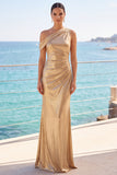 Abito elegante a sirena lunga e dorato metallico