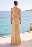 Abito elegante a sirena lunga e dorato metallico