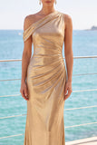 Abito elegante a sirena lunga e dorato metallico