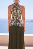 Vestito lungo vestito formale a pieghe oliva con scollo a pieghe e scollo a pieghe olivare